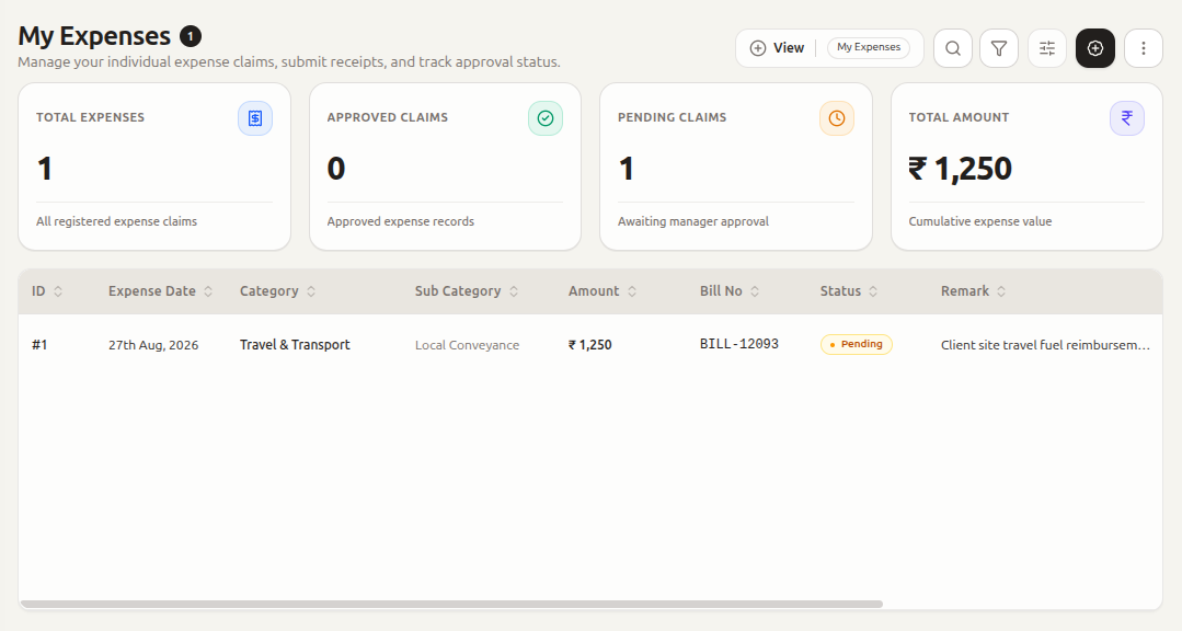Employee expense claims in the HRMS with categorized reimbursements, attached bills, and approval status