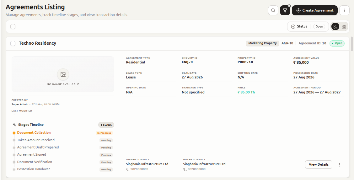 Agreement listing in a custom real estate CRM showing agreement value, property ID, deal date and possession date