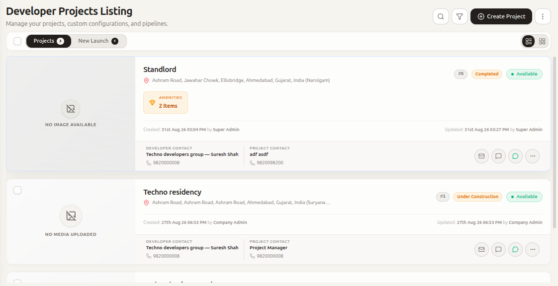 Developer projects listing in the custom real estate CRM built by Technostacks, showing project status and contacts